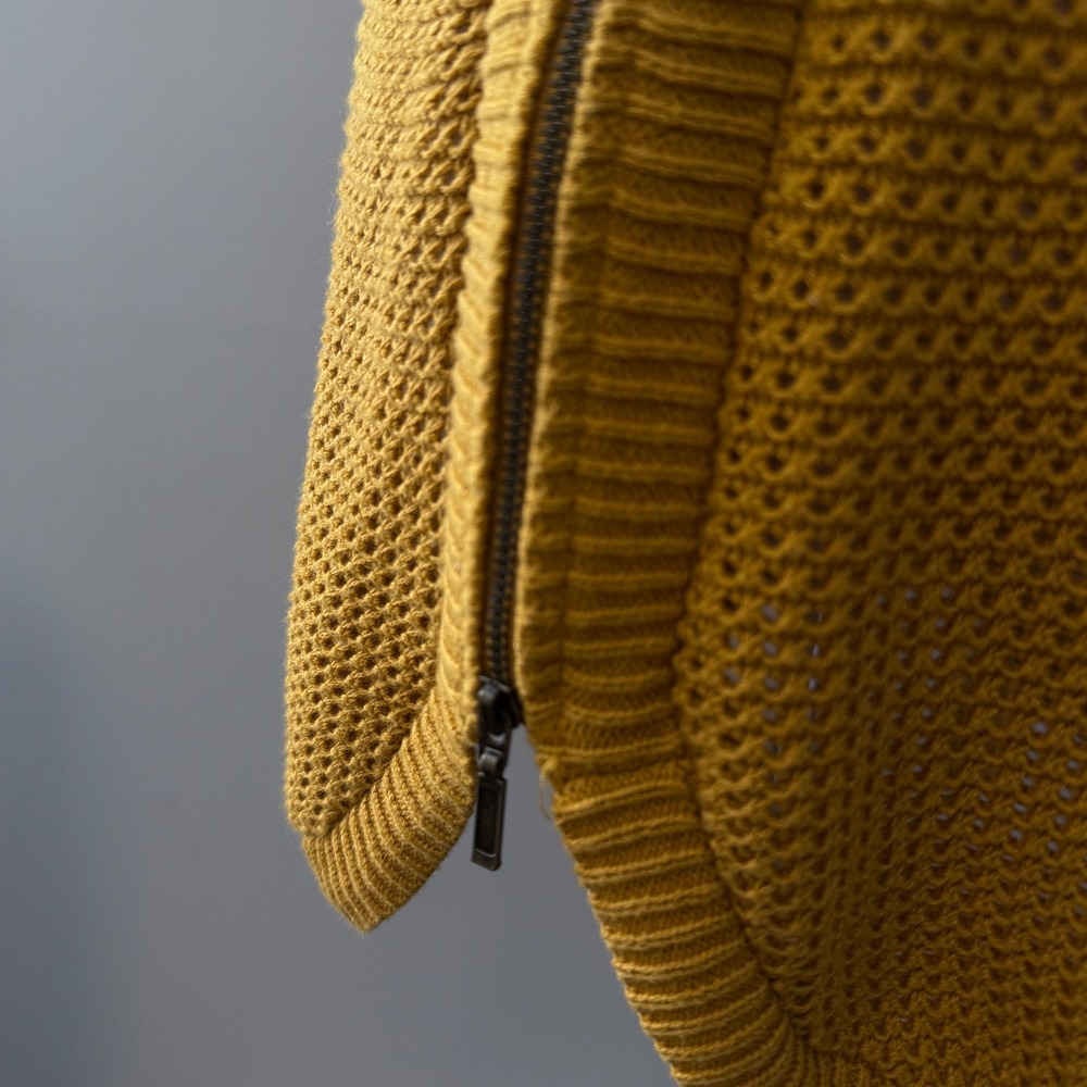 Mustard Yellow Textured Knit Crew Neck Long Sleeve Zipper Detail Sweater Top S - Picture 12 of 15